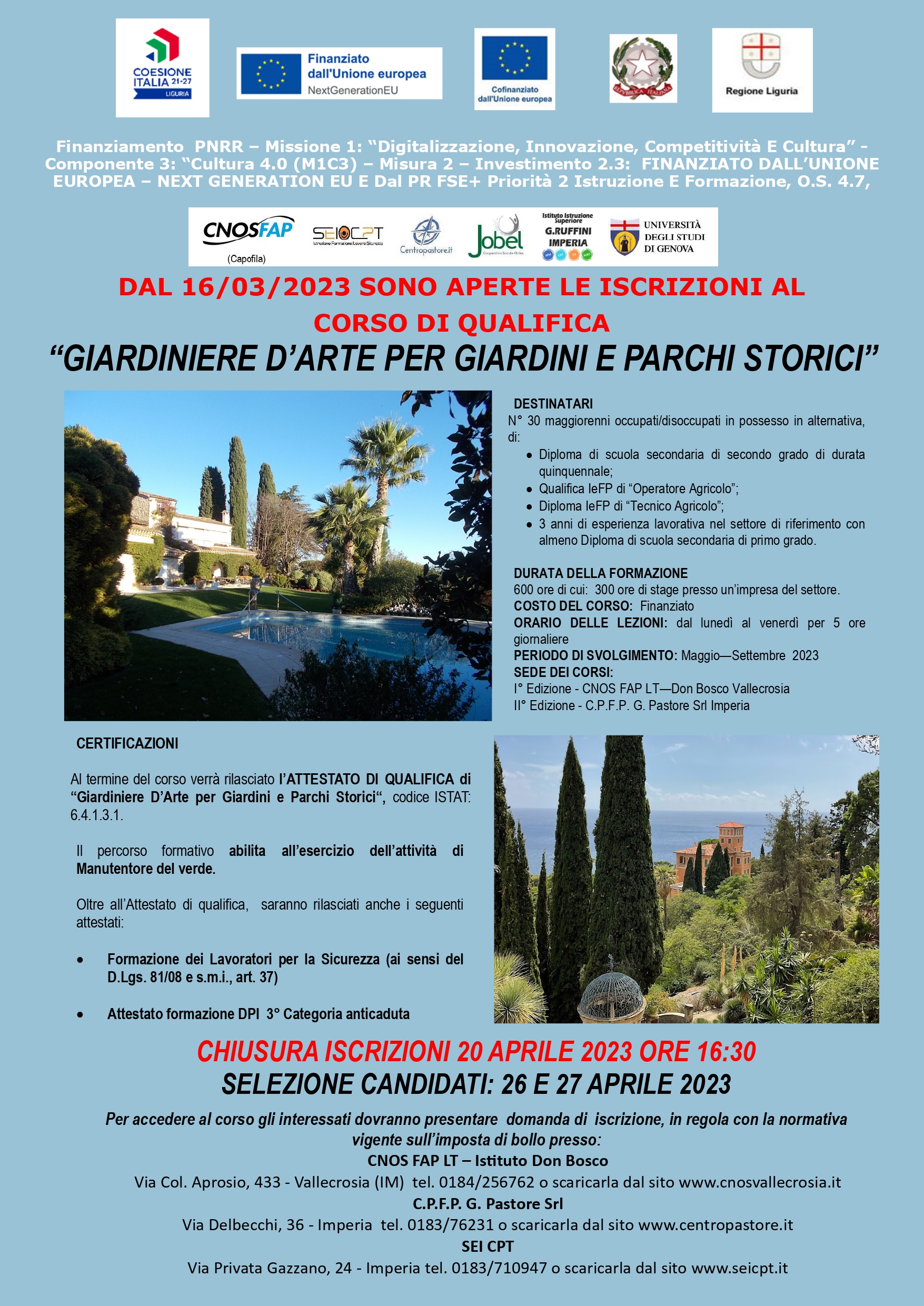 IN PARTENZA IL NUOVO CORSO GRATUITO PER GIARDINIERE D’ARTE PER GIARDINI E PARCHI STORICI